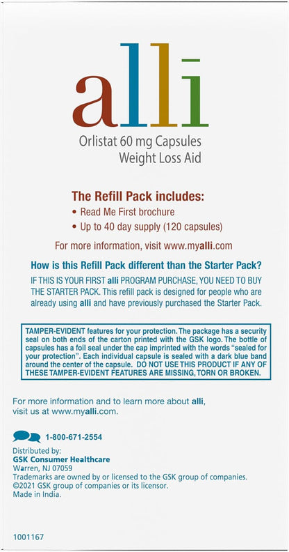 Non Prescription Weight Loss Aid, 120 Count Refill Pack,60 mg Capsules